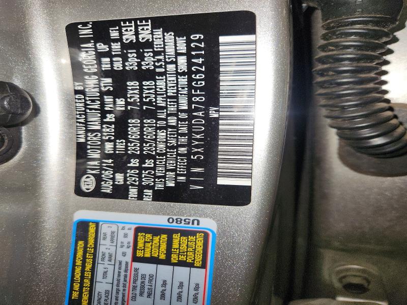 2015 Kia Sorento მანქანა იყიდება აუქციონზე, vin: 5XYKUDA78FG624129, აუქციონის ნომერი: 56328516