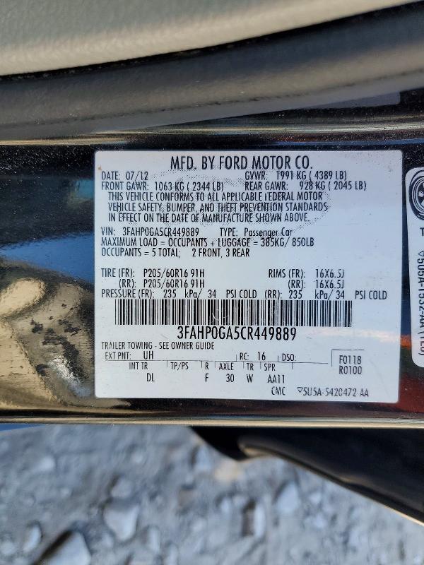 58234606 :رقم المزاد ، 3FAHP0GA5CR449889 vin ، 2012 Ford Fusion مزاد بيع