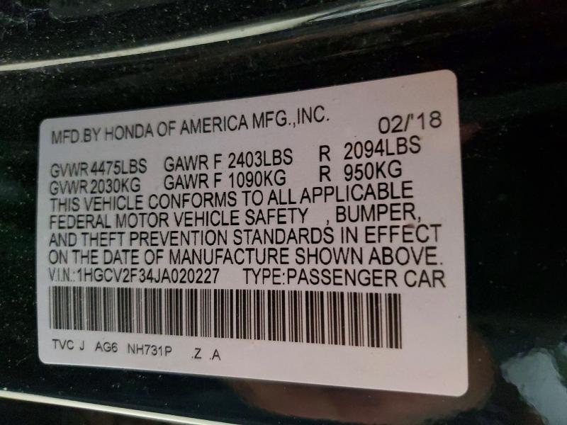 Продажа на аукционе авто 2018 Honda Accord, vin: 1HGCV2F34JA020227, номер лота: 55766506