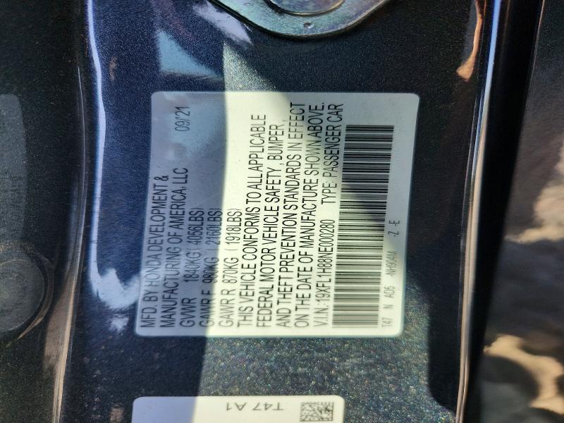 Продаж на аукціоні авто 2022 Honda Civic, vin: 19XFL1H88NE000280, номер лоту: 57245086