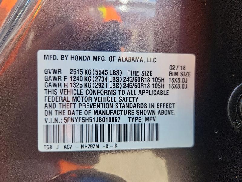 56588326 :رقم المزاد ، 5FNYF5H51JB010067 vin ، 2018 Honda Pilot مزاد بيع
