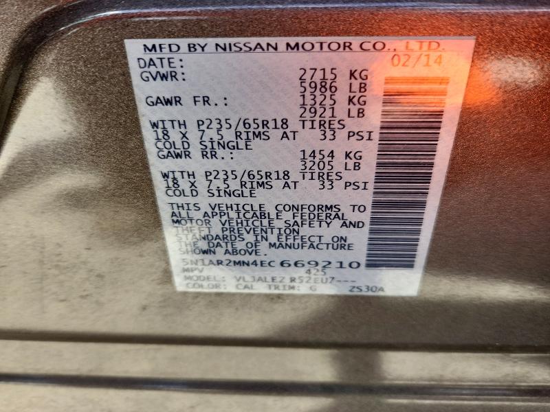 58245956 :رقم المزاد ، 5N1AR2MN4EC669210 vin ، 2014 Nissan Pathfinder مزاد بيع