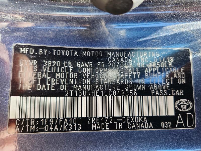 Aukcja sprzedaży 2018 Toyota Corolla, vin: 2T1BURHE1JC048356, numer aukcji: 56718166
