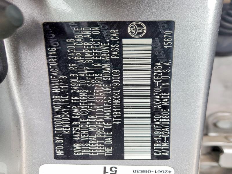 Aukcja sprzedaży 2019 Toyota Camry, vin: 4T1B11HKXKU190009, numer aukcji: 56519726