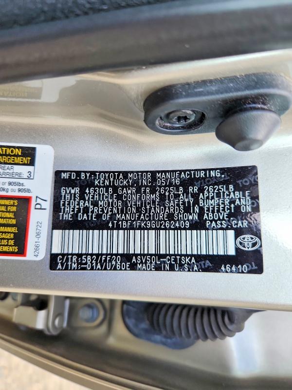 56573786 :رقم المزاد ، 4T1BF1FK9GU262409 vin ، 2016 Toyota Camry مزاد بيع