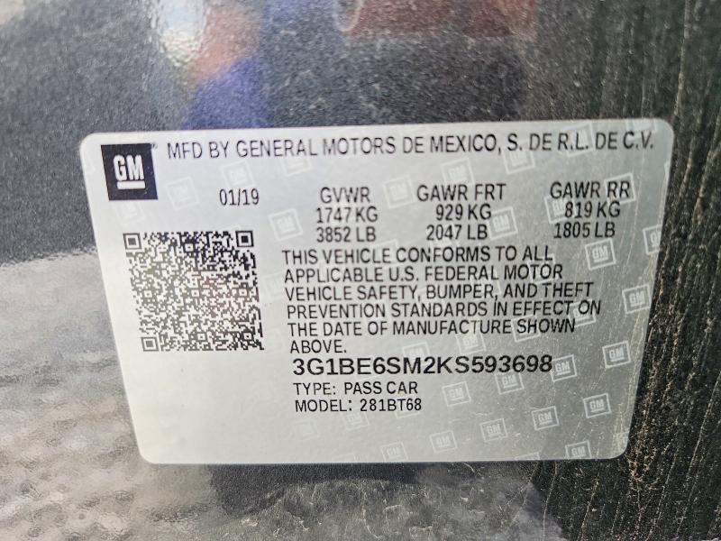 Aukcja sprzedaży 2019 Chevrolet Cruze, vin: 3G1BE6SM2KS593698, numer aukcji: 58191096