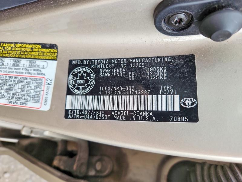 2006 Toyota Camry მანქანა იყიდება აუქციონზე, vin: 4T1BE32K56U713287, აუქციონის ნომერი: 57139816