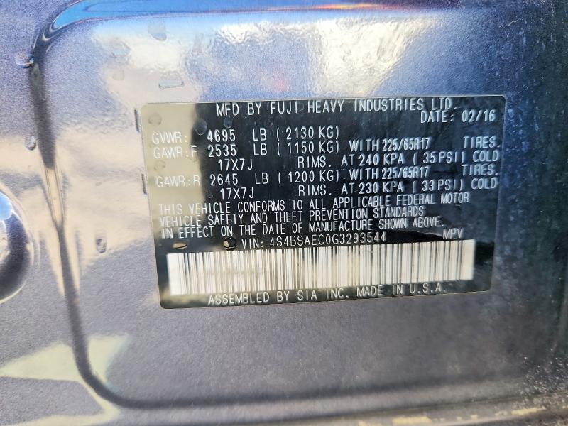 2016 Subaru Outback მანქანა იყიდება აუქციონზე, vin: 4S4BSAEC0G3293544, აუქციონის ნომერი: 57219936