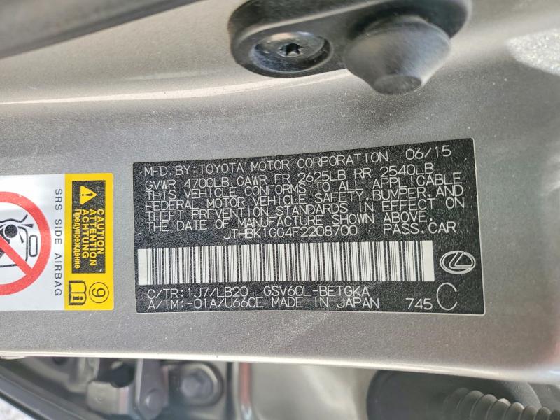 2015 Lexus Es მანქანა იყიდება აუქციონზე, vin: JTHBK1GG4F2208700, აუქციონის ნომერი: 58941466