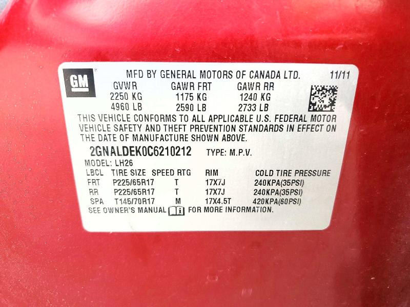 2012 Chevrolet Equinox მანქანა იყიდება აუქციონზე, vin: 2GNALDEK0C6210212, აუქციონის ნომერი: 57324246