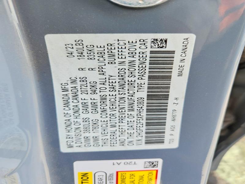 2023 Honda Civic მანქანა იყიდება აუქციონზე, vin: 2HGFE2F5XPH543809, აუქციონის ნომერი: 56042566