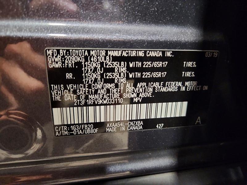 Aukcja sprzedaży 2019 Toyota Rav4, vin: 2T3F1RFV9KW033110, numer aukcji: 56960346