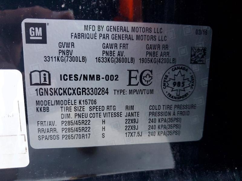 Продаж на аукціоні авто 2016 Chevrolet Tahoe, vin: 1GNSKCKCXGR330284, номер лоту: 57579556