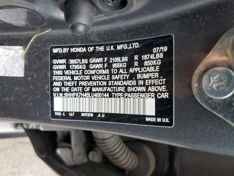 2020 Honda Civic მანქანა იყიდება აუქციონზე, vin: SHHFK7H45LU400144, აუქციონის ნომერი: 57873686