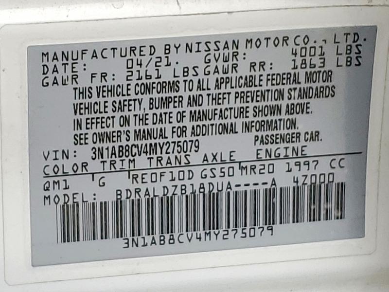 2021 Nissan Sentra მანქანა იყიდება აუქციონზე, vin: 3N1AB8CV4MY275079, აუქციონის ნომერი: 59340826