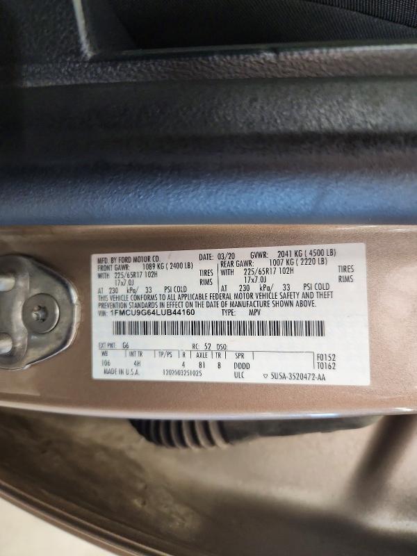 58785356 :رقم المزاد ، 1FMCU9G64LUB44160 vin ، 2020 Ford Escape مزاد بيع