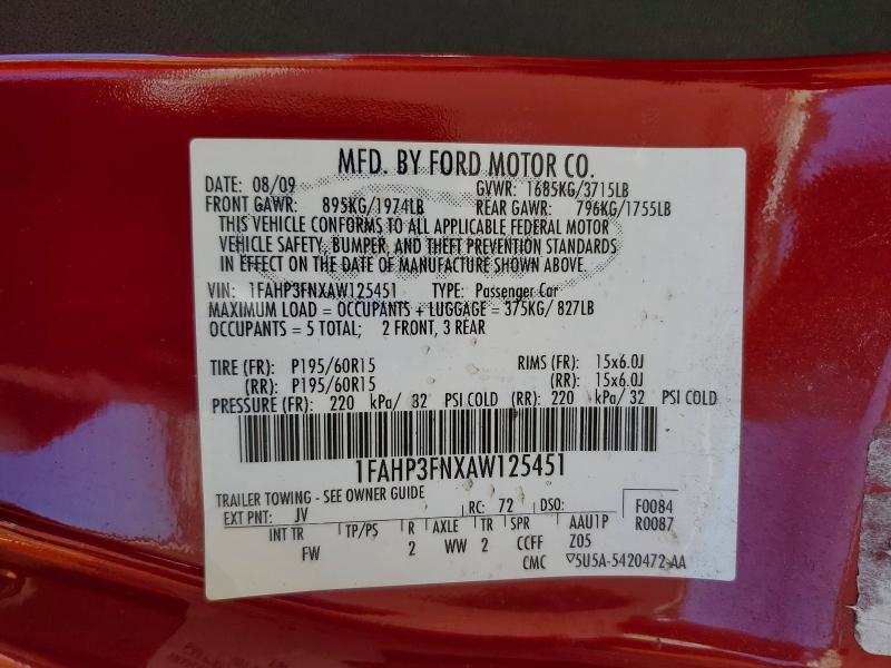 2010 Ford Focus მანქანა იყიდება აუქციონზე, vin: 1FAHP3FNXAW125451, აუქციონის ნომერი: 56886486