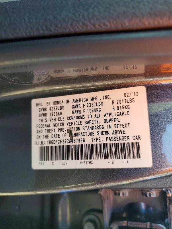 Продаж на аукціоні авто 2012 Honda Accord, vin: 1HGCP2F32CA087938, номер лоту: 57042276