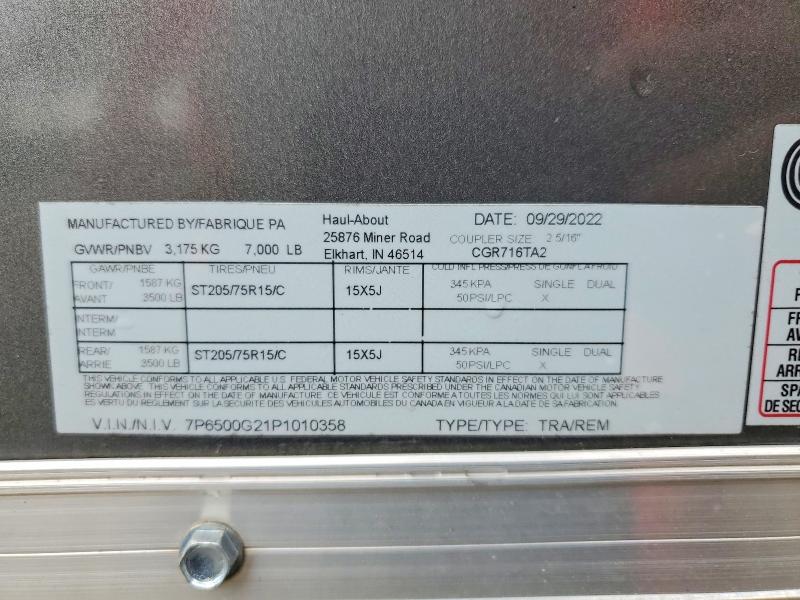 2023 Haul-about Trailer მანქანა იყიდება აუქციონზე, vin: 7P6500G21P1010358, აუქციონის ნომერი: 57834416
