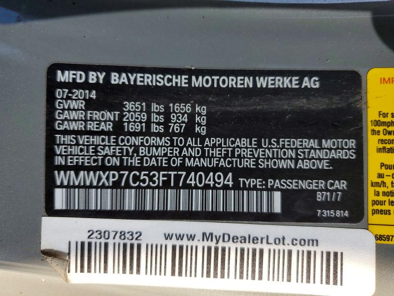 2015 Mini Cooper მანქანა იყიდება აუქციონზე, vin: WMWXP7C53FT740494, აუქციონის ნომერი: 57777536