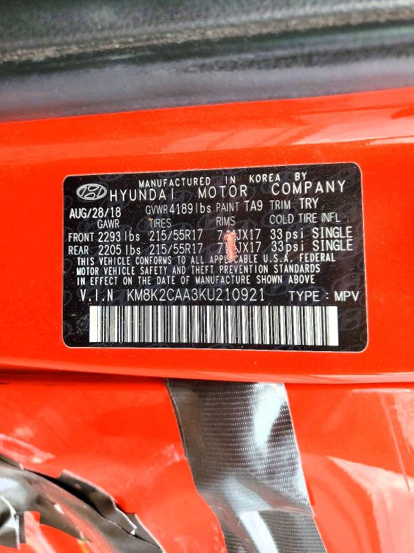 Aukcja sprzedaży 2019 Hyundai Kona, vin: KM8K2CAA3KU210921, numer aukcji: 57202036