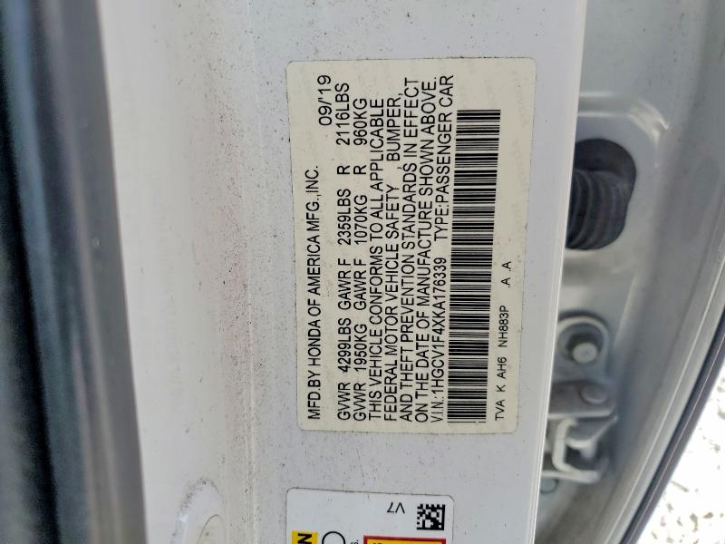 2019 Honda Accord მანქანა იყიდება აუქციონზე, vin: 1HGCV1F4XKA176339, აუქციონის ნომერი: 56246796