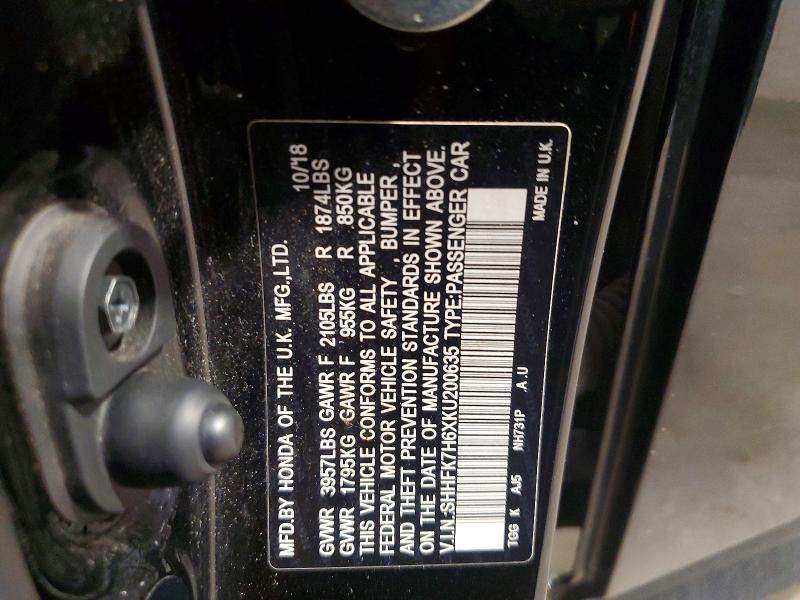 57743376 :رقم المزاد ، SHHFK7H6XKU200635 vin ، 2019 Honda Civic مزاد بيع