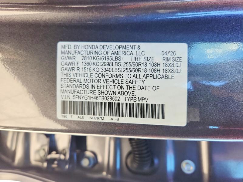 Продаж на аукціоні авто 2026 Honda Pilot, vin: 5FNYG1H46TB028502, номер лоту: 57267036