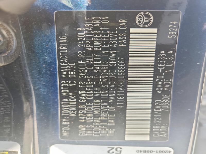 Aukcja sprzedaży 2020 Toyota Camry, vin: 4T1G11AK4LU988667, numer aukcji: 58187986