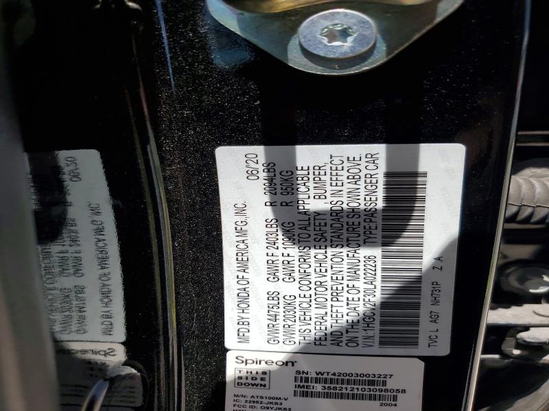 Продаж на аукціоні авто 2020 Honda Accord, vin: 1HGCV2F30LA022236, номер лоту: 58602356