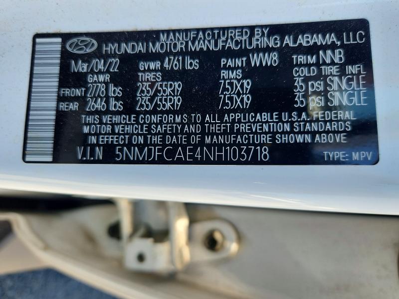 57438106 :رقم المزاد ، 5NMJFCAE4NH103718 vin ، 2022 Hyundai Tucson مزاد بيع