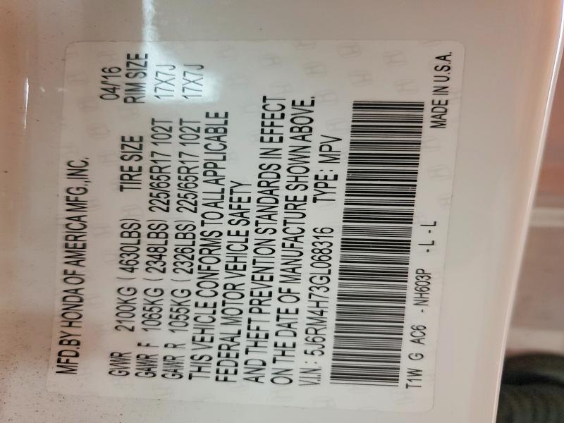 55927816 :رقم المزاد ، 5J6RM4H73GL068316 vin ، 2016 Honda Cr-v مزاد بيع