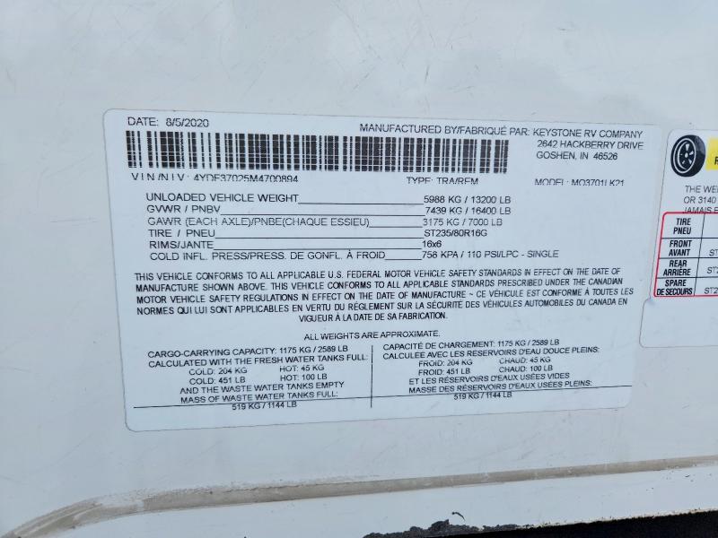2021 Keystone Rv Montana Fifth Wheel მანქანა იყიდება აუქციონზე, vin: 4YDF37025M4700894, აუქციონის ნომერი: 56770306