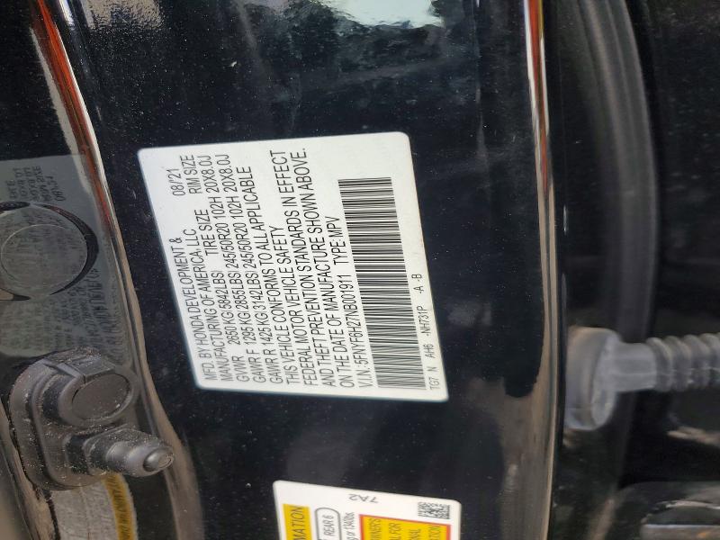 58531706 :رقم المزاد ، 5FNYF6H27NB001911 vin ، 2022 Honda Pilot مزاد بيع