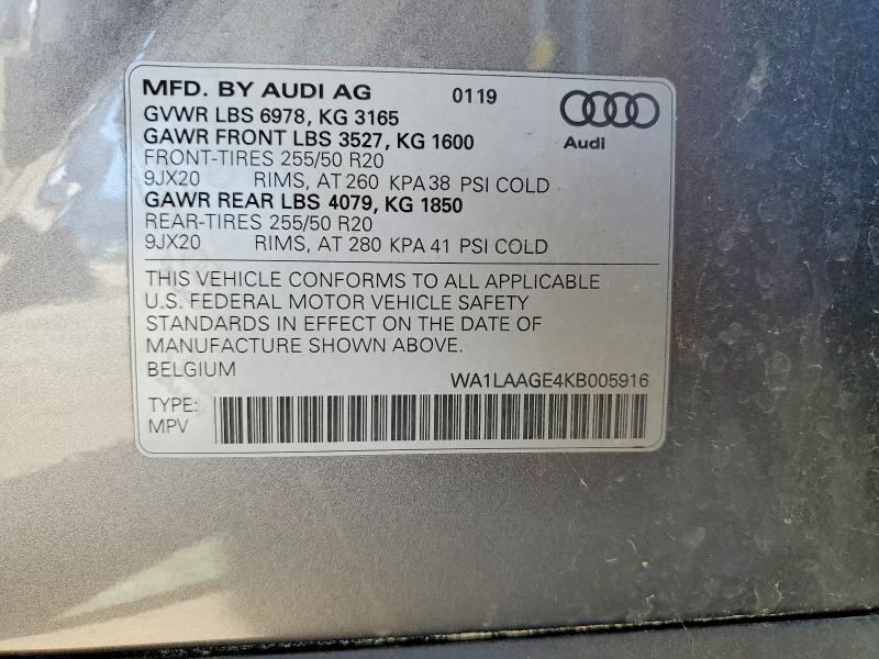 56361026 :رقم المزاد ، WA1LAAGE4KB005916 vin ، 2019 Audi E-tron مزاد بيع