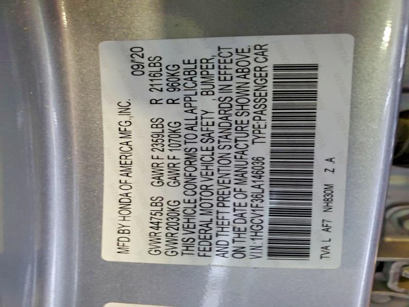 2020 Honda Accord მანქანა იყიდება აუქციონზე, vin: 1HGCV1F36LA146036, აუქციონის ნომერი: 73340615