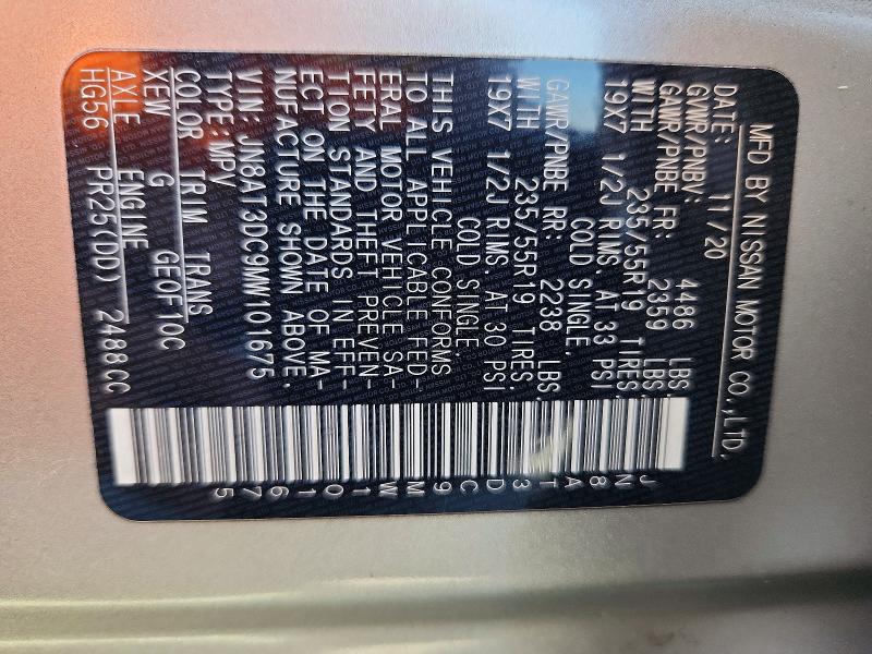 2021 Nissan Rogue მანქანა იყიდება აუქციონზე, vin: JN8AT3DC9MW101675, აუქციონის ნომერი: 56494686