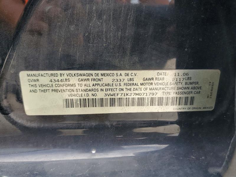 2007 Volkswagen Jetta მანქანა იყიდება აუქციონზე, vin: 3VWEF71K27M071797, აუქციონის ნომერი: 56744696
