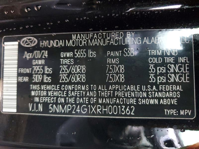 2024 Hyundai Santa Fe მანქანა იყიდება აუქციონზე, vin: 5NMP24G1XRH001362, აუქციონის ნომერი: 55953196