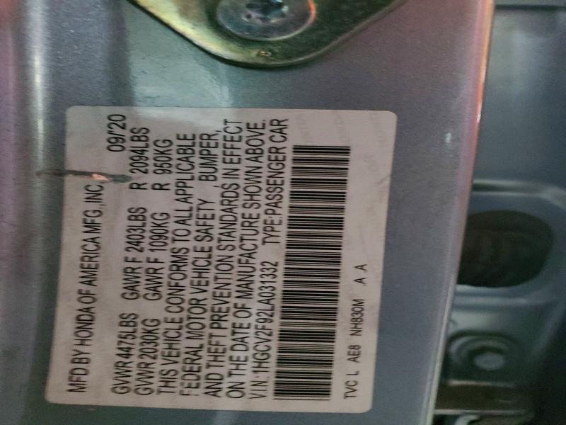 55070816 :رقم المزاد ، 1HGCV2F92LA031332 vin ، 2020 Honda Accord مزاد بيع