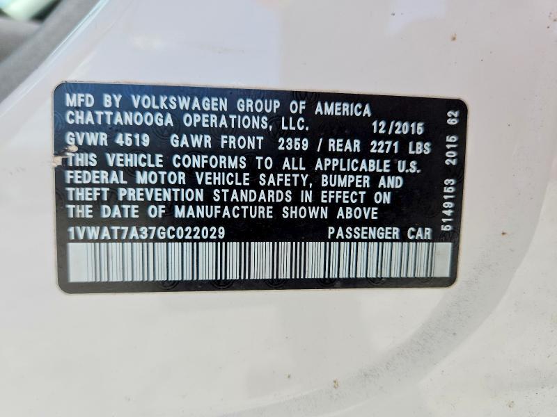 Продаж на аукціоні авто 2016 Volkswagen Passat, vin: 1VWAT7A37GC022029, номер лоту: 56069776