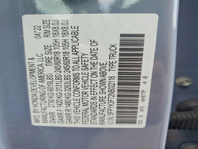 55192866 :رقم المزاد ، 5FPYK3F72NB022116 vin ، 2022 Honda Ridgeline مزاد بيع