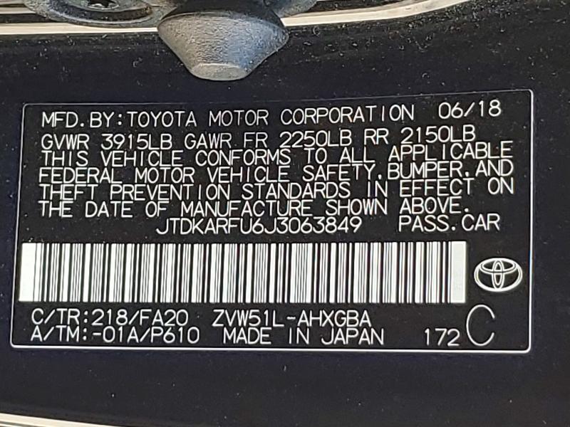 Aukcja sprzedaży 2018 Toyota Prius, vin: JTDKARFU6J3063849, numer aukcji: 58260416