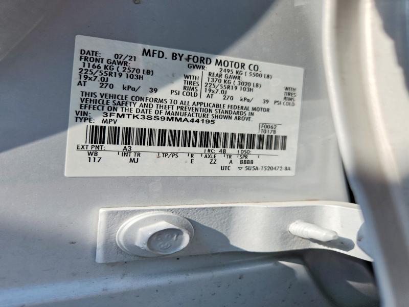 2021 Ford Mustang Mach-e მანქანა იყიდება აუქციონზე, vin: 3FMTK3SS9MMA44195, აუქციონის ნომერი: 58915966