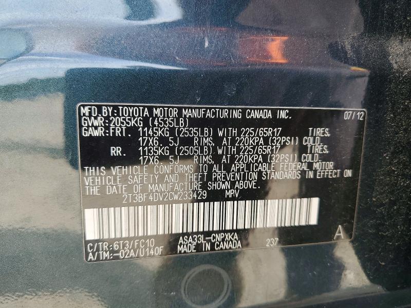 Aukcja sprzedaży 2012 Toyota Rav 4, vin: 2T3BF4DV2CW233429, numer aukcji: 55073006