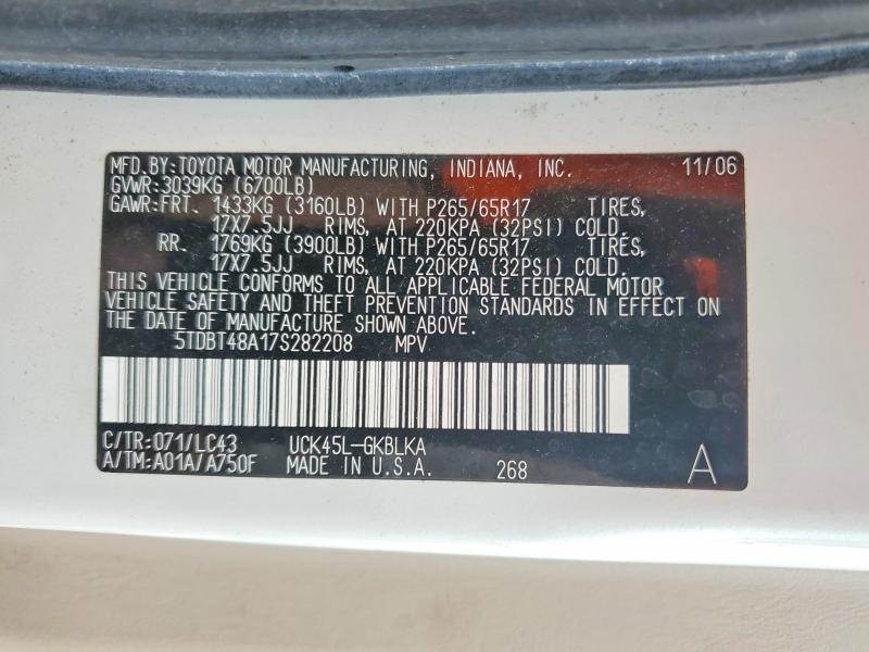 Aukcja sprzedaży 2007 Toyota Sequoia, vin: 5TDBT48A17S282208, numer aukcji: 55635106