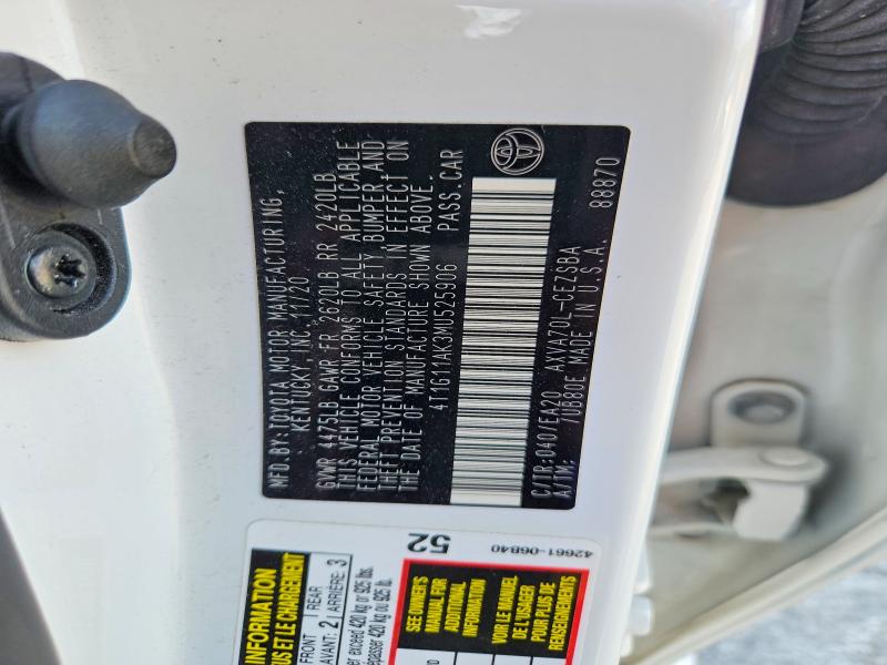 2021 Toyota Camry მანქანა იყიდება აუქციონზე, vin: 4T1G11AK3MU525906, აუქციონის ნომერი: 56165786