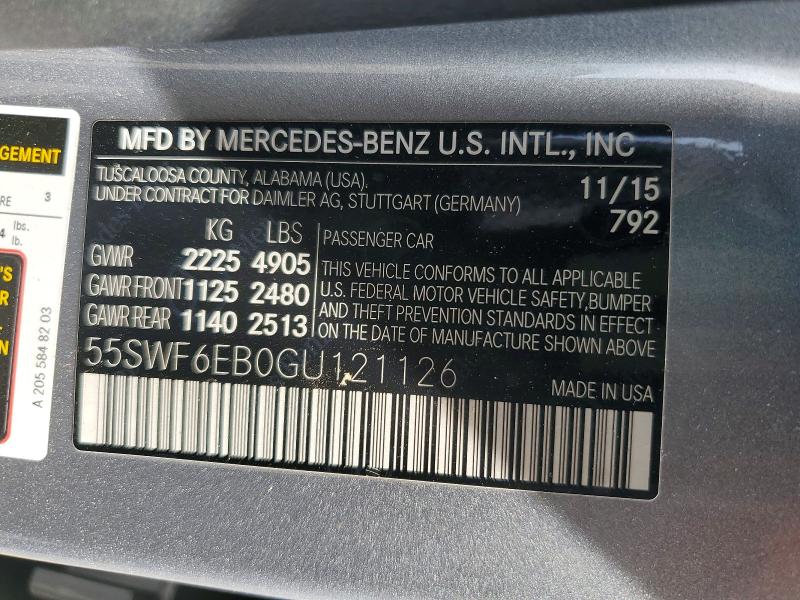 55850476 :رقم المزاد ، 55SWF6EB0GU121126 vin ، 2016 Mercedes-benz C مزاد بيع