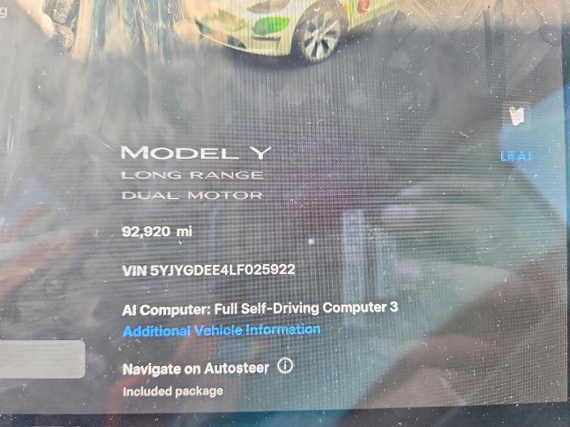 55852376 :رقم المزاد ، 5YJYGDEE4LF025922 vin ، 2020 Tesla Model Y مزاد بيع