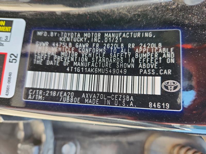56989246 :رقم المزاد ، 4T1G11AK6MU549049 vin ، 2021 Toyota Camry مزاد بيع